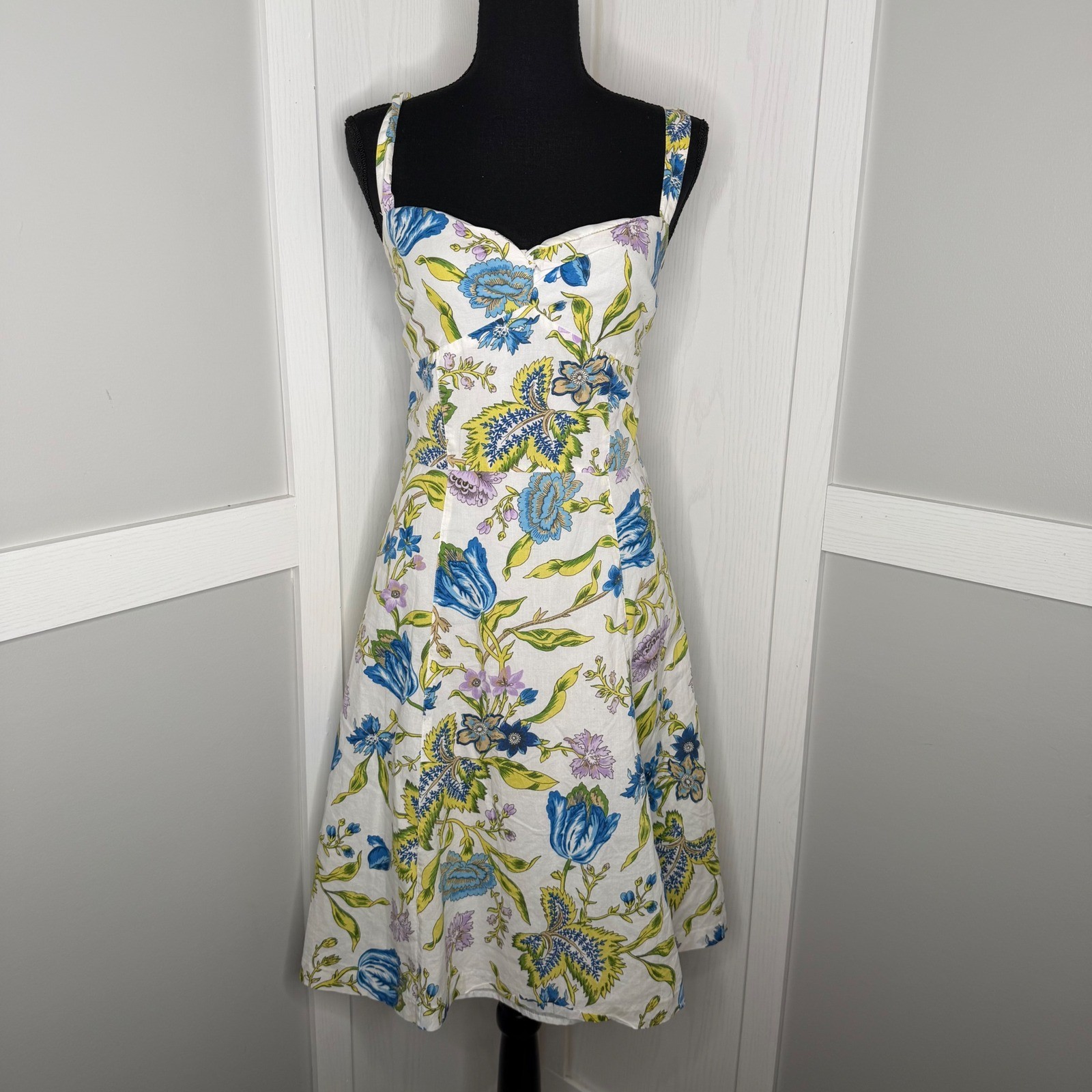 Ann Taylor Loft Floral Paisley Midi Dress Womens Size 10 White Blue Sweetheart