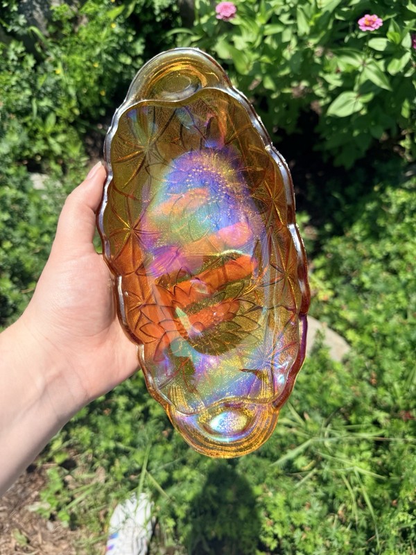 Indiana Amber Iridescent Carnival Glass Floral Oval Decorative Dish
