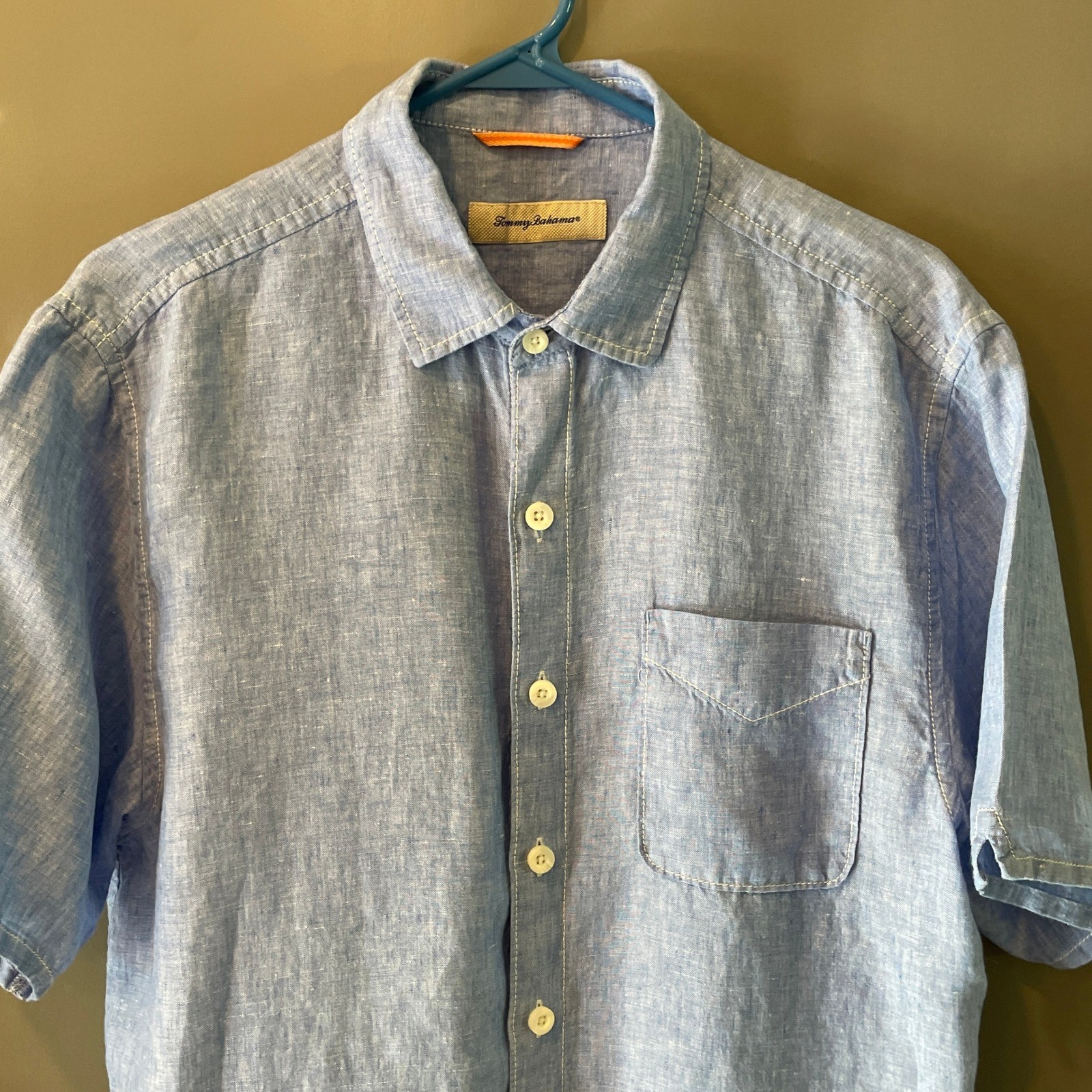 Tommy Bahama Relax Mens Medium Blue Linen Short Sleeve Button Down Shirt Pocket