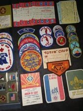 HUGE Vintage 70s+80s LOT Boy Scouts Rank Cards Patches Totin Chips Sash Buckles