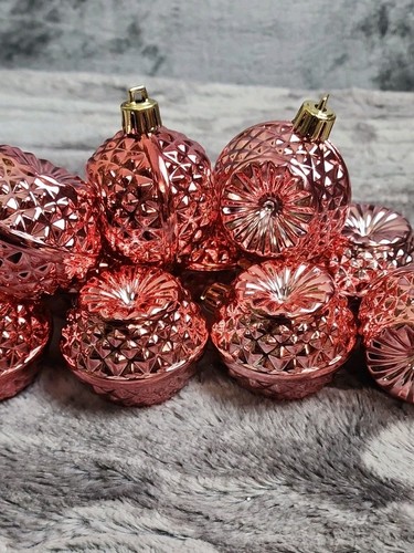 Christmas Ornaments Baubles Pink Indent Geometric Shatterproof Holiday Set of 10