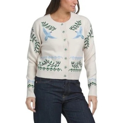 NWT Cynthia Rowley Cream Embroidered Bird Flower Print Button Cardigan Small