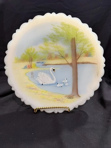 Fenton Hand Painted Signed Swan Plate 8" diameter