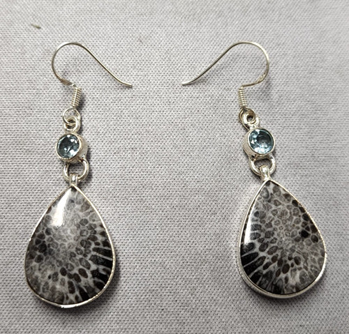 Fossil Coral & Topaz Sterling Silver Drop Earrings 50mm