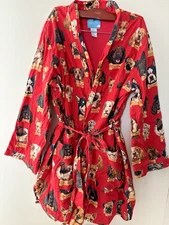 Nick & Nora Lined Cotton Robe Sz L/XL Dogs Milk Bone Red w/Dog Faces Belt GUC