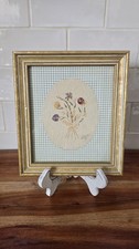 Vintage Dried Flowers Gold Frame Matted Green Gingham Framed  Wall Hanging