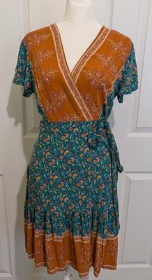 Womens Boho Wrap Dress Blue Floral Deep V Neck Angel Sleeve Size S Zesica