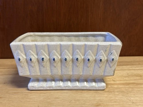 Vintage Blue White McCoy Art Pottery Rectangle Planter Vase Diamonds & Dots