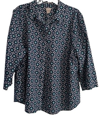 Chico's Size 4 Plus Button Down Navy Teal White Geometric 3/4 Length Sleeves