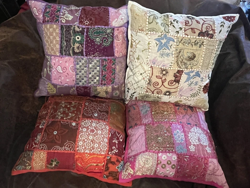 One of a Kind RED Patchwork cushion covers, COVER ONLY. Zipper, 16"x16", - Image 4 of 4