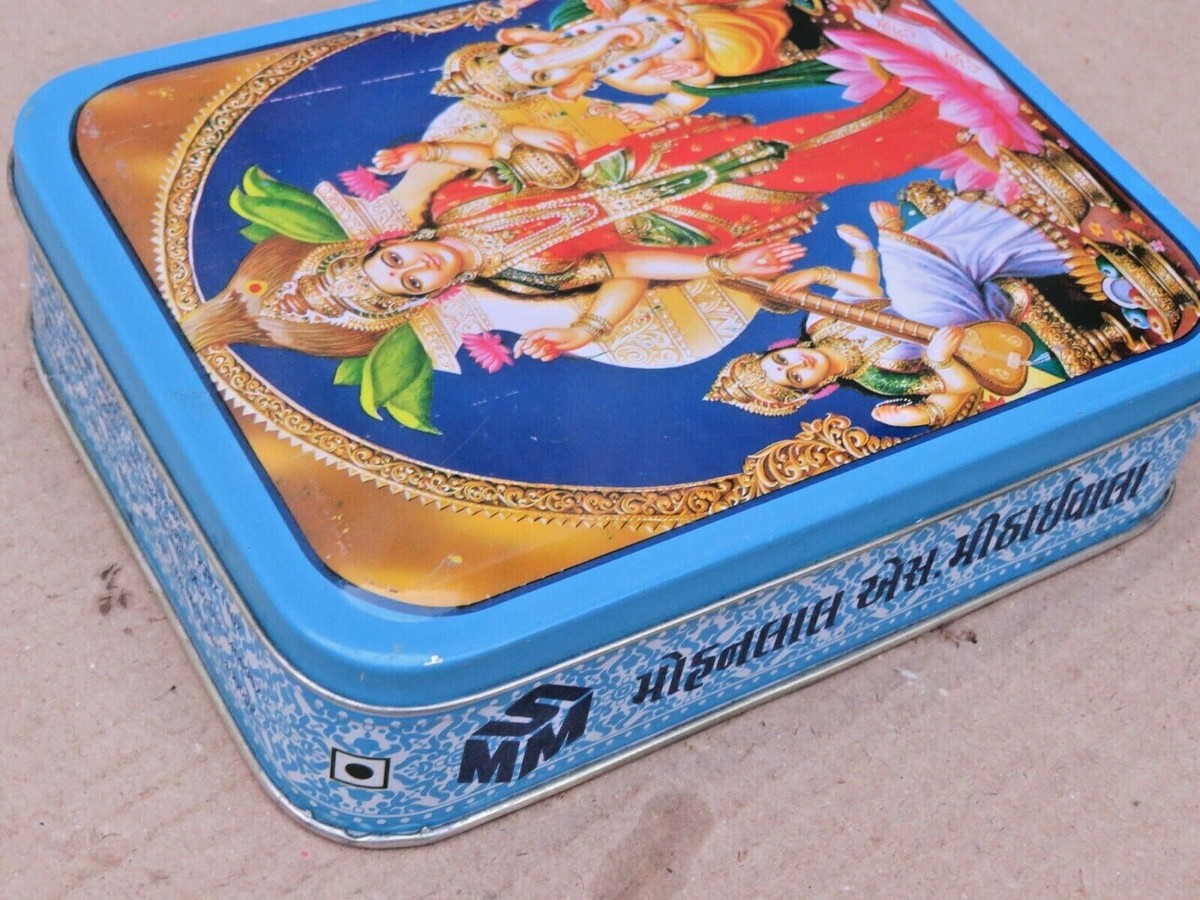 C1980 Vintage Tin Sweet box Religious Pictorial image MATA LAXMI