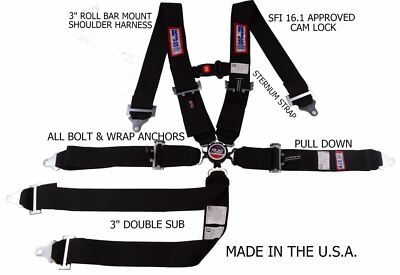 RJS RACING SFI 16.1 6 POINT CAM LOCK ROLL BAR  STERNUM STRAP SEAT BELT BLACK