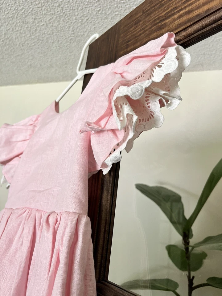 NUEVO CON ETIQUETAS Vestidos de niña flor de lino hechos a mano con detalles de encaje rosa 4T Foto 4 de 4
