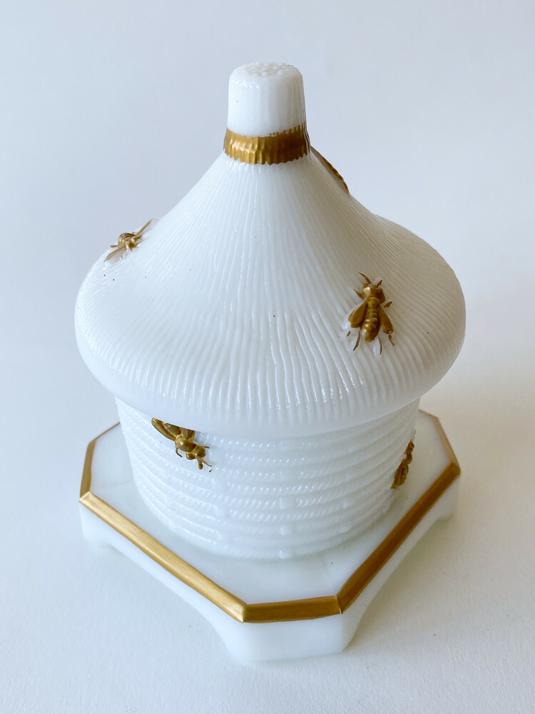 Vintage Imperial Milk Glass Bee Hive Jar with Lid also has Gold
