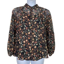 Soft Surroundings Medium Blouse Floral Long Balloon Sleeves Button Up Semi Sheer