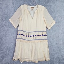 Anthropologie Pepin Geo Fringe Dress 4 Beige Embroidered Tunic Viscose V Neck