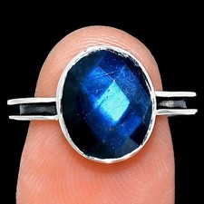 Natural Blue Labradorite Checker 925 Sterling Silver Ring s.7.5 Jewelry R-1056