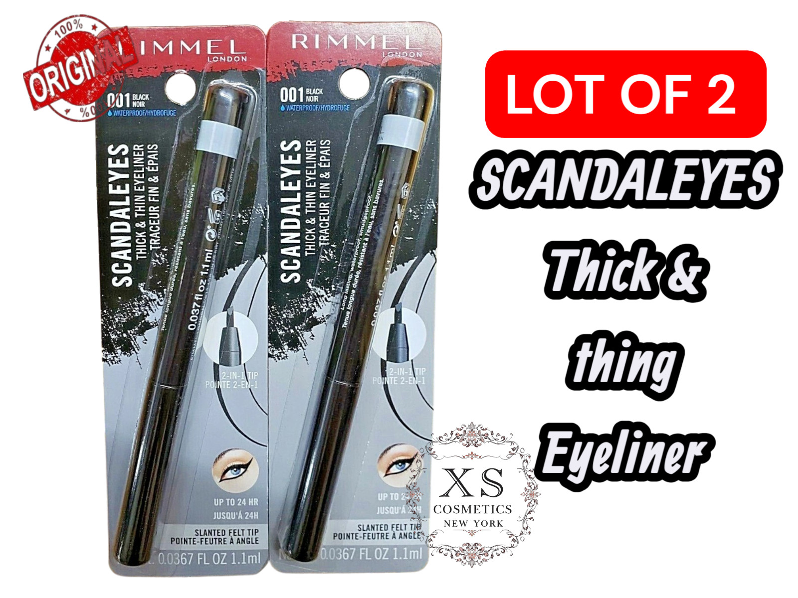 Rimmel London Scandaleyes Толстая и тонкая подводка для глаз 001, черная, полноразмерная,  партия из 2 шт.
