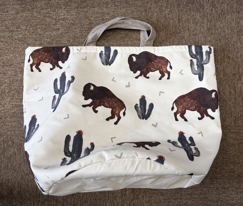 Hobby Lobby Tote Bag Satchel Bison Buffalo Cactus 15” X 12” Diameter White/brown