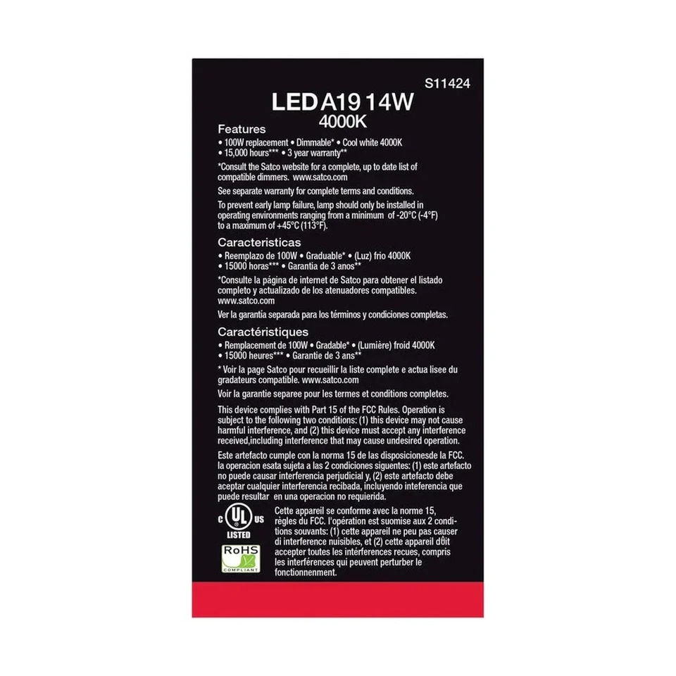 SATCO 14W A19 LED - 4000K - Dimmable - Medium base - 230 deg. Beam - 4PK - Image 4 of 4