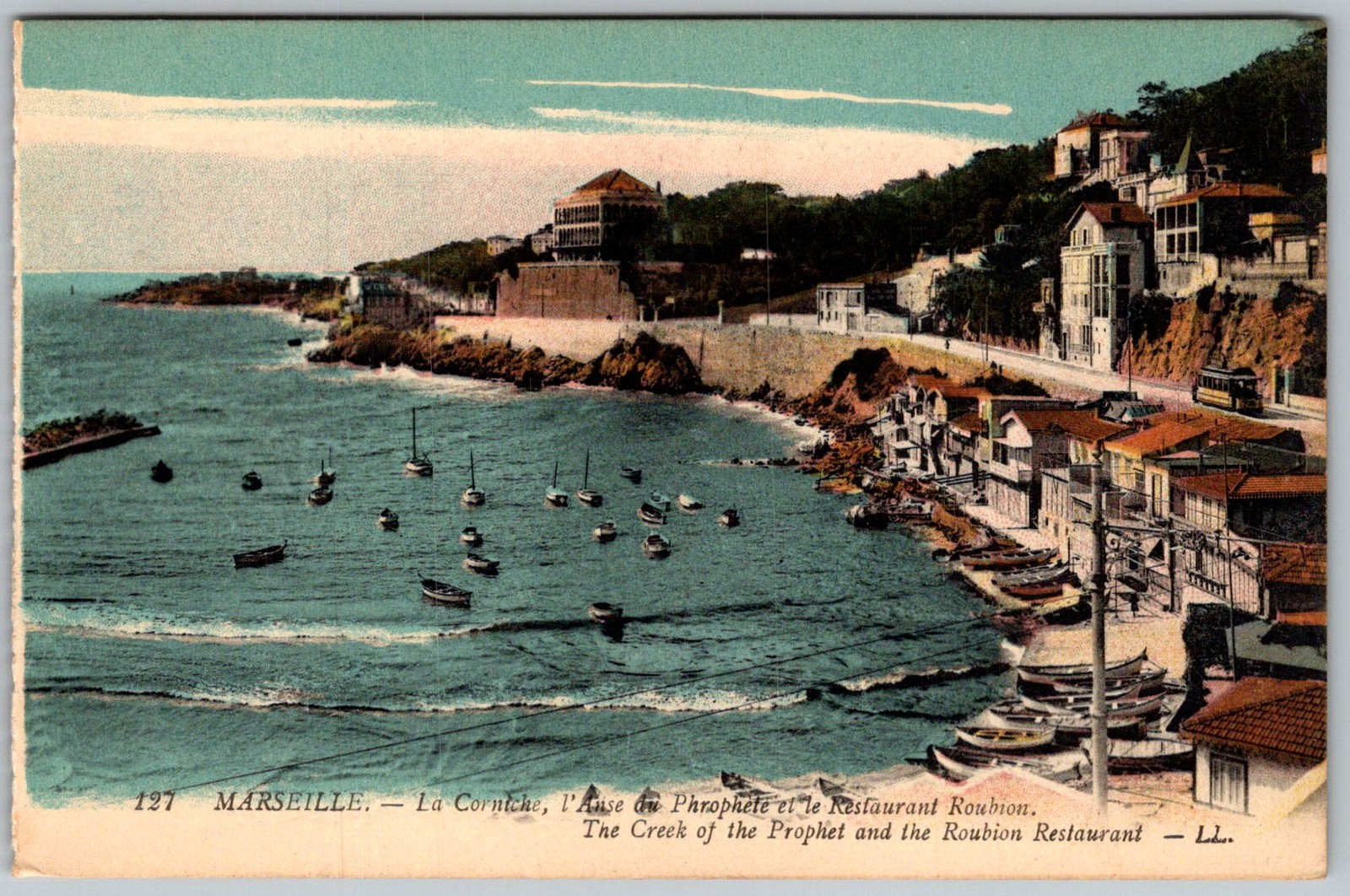 Antique Postcard Roubion Restaurant Boats Marseille, Fr 1910s
