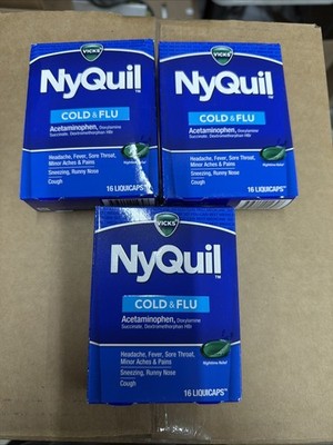 3 Vicks NyQuil Cold and Flu Nighttime Relief Pack of 16 LiquiCaps Exp. 9/26