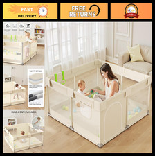 Beige Baby Playpen 47x47in - Safe Indoor Toddler Play Area, Mesh Storage Bag