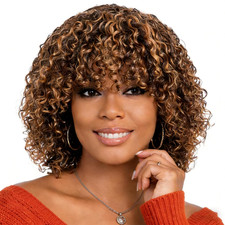 Short Curly Human Hair Wig with Bangs, 100 Human Hair Wigs for Black Women,180