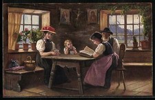 Ansichtskarte Schwarzwälder Bauernstube, Famile in Tracht zu Tisch 
