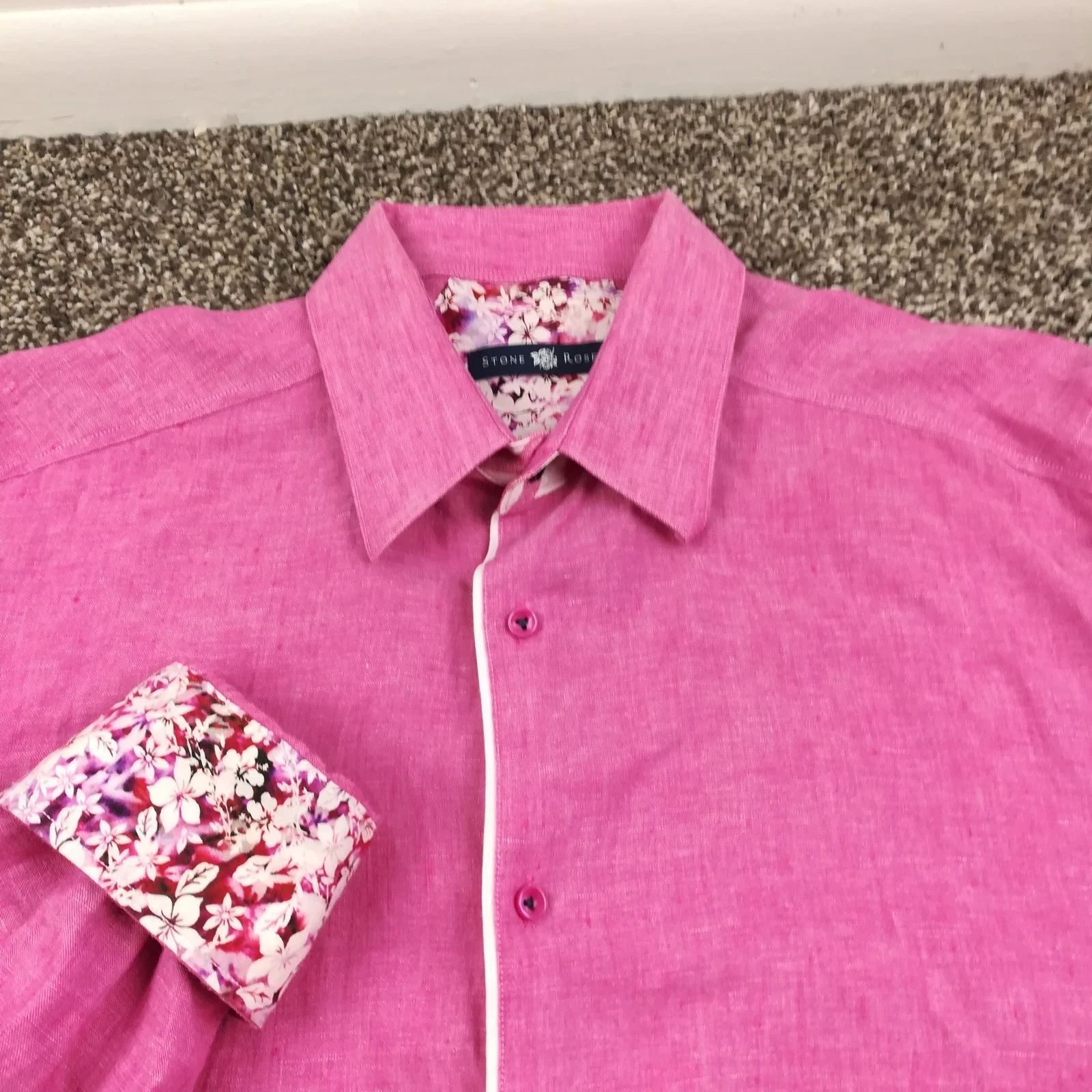 Stone Rose Shirt Linen Floral Flip Cuff L/S Button Up Pink Mens 3 (Medium)