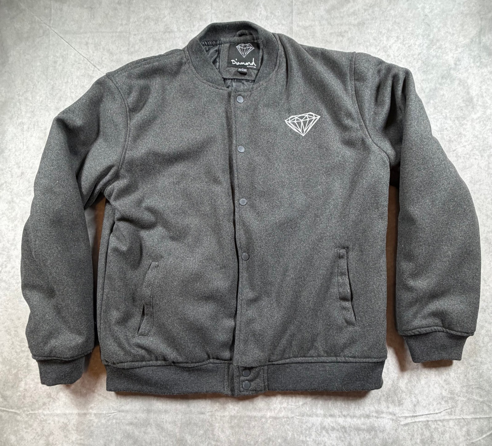 Diamond Supply Co Varsity Bomber Jacket Mens L Gray Quilted Lined Snap