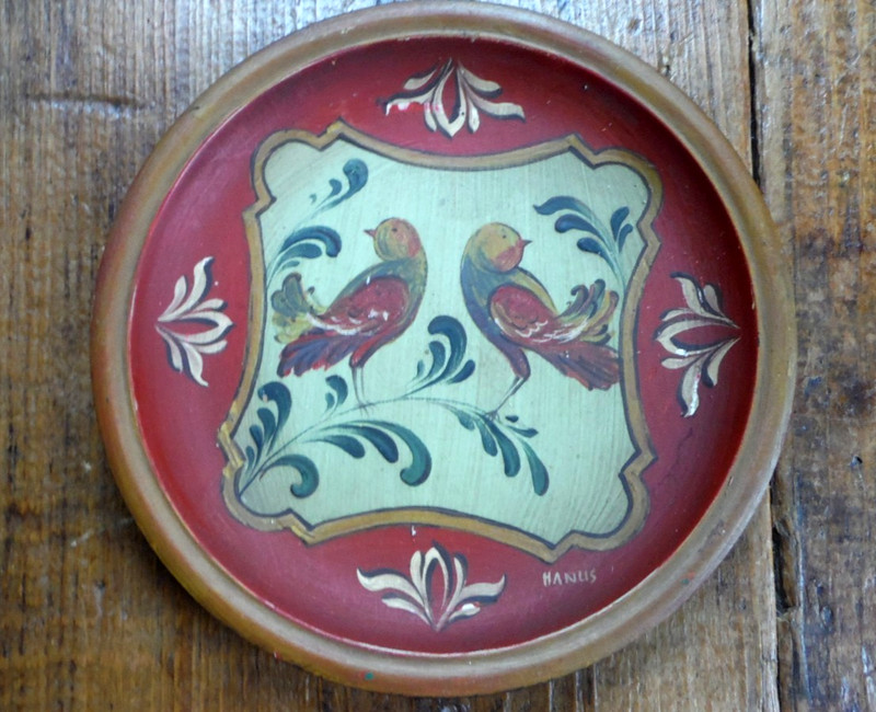 Vintage Hand-Painted Signed Turned Wood Decorative Bird/Floral Folk Art Plate 6"