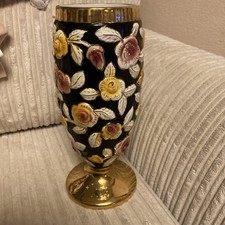 Vintage Vase Rose S A Leart Co Gold Black Yellow Majolica Made In Portugal 