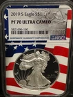 2019-S PERFECT 1 Oz PROOF American SILVER Eagle w/RARE Flag Core NGC Slab PF70