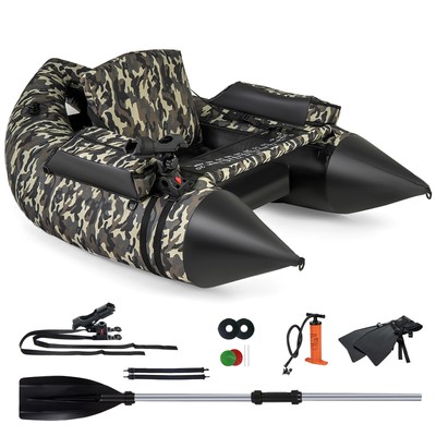 Inflatable Float Tube w/ Flippers Fish Ruler Rod Holder Storage Pockets Pump