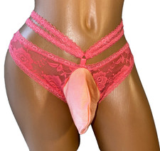 PEACH LACE STRAPPY THONG BIKINI SISSY POUCH PANTIES XDRESS MEN JUICY 28-40 S