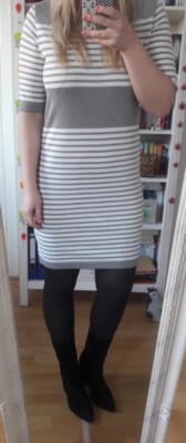 Kleid Streifen gestreift casual Strick Seide midi 42 grau Laura Kent Büro Taufe 
