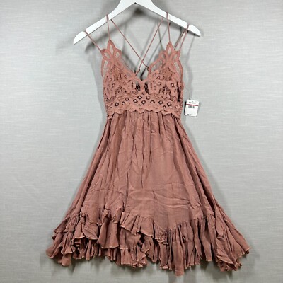 Free People Dress Womans XS Pink Adella Lace Intimately Flowy Ruffles Boho Chic