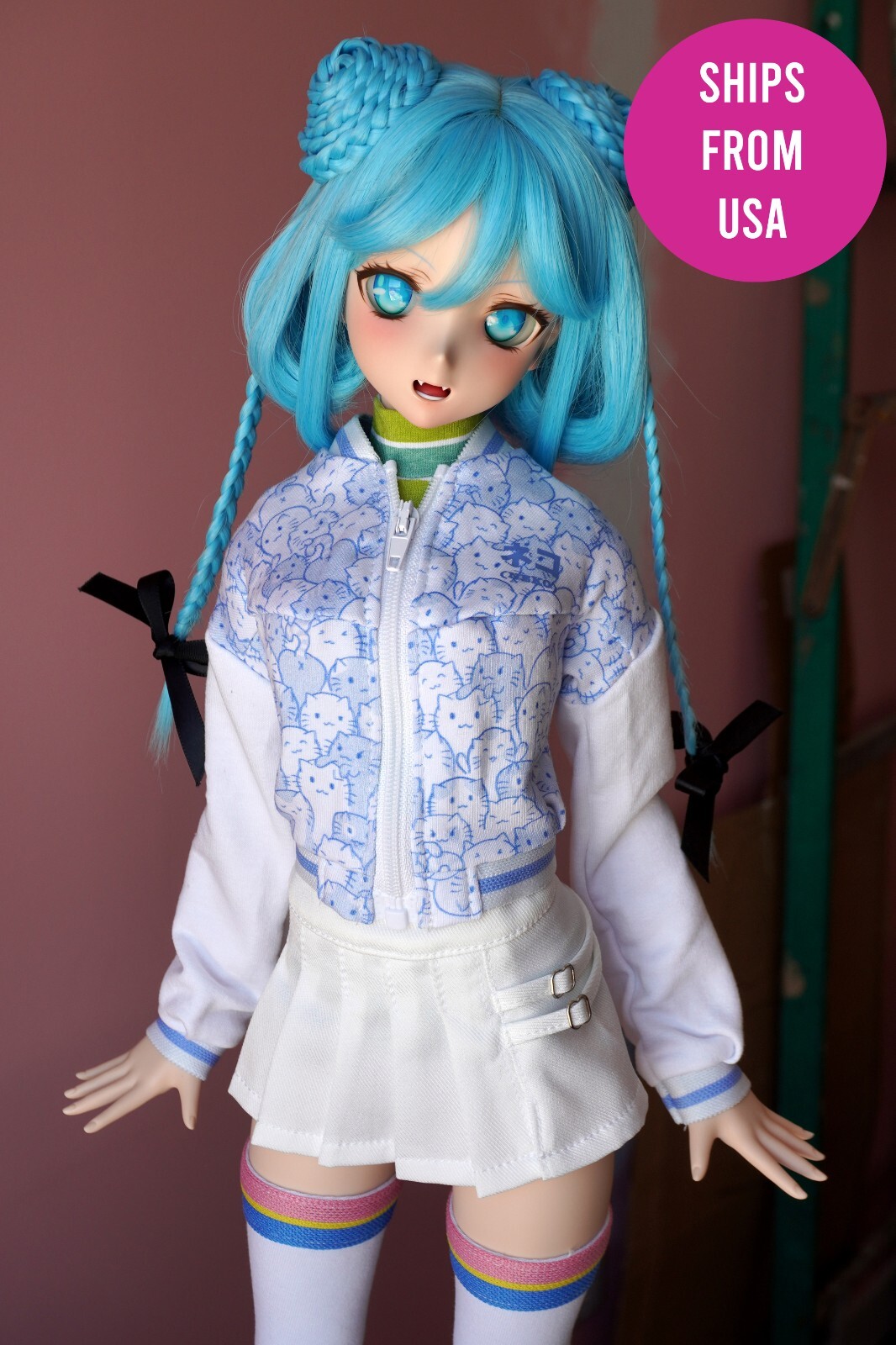 Terry Varsity Bomber Jacket In Kitty Print - Blue