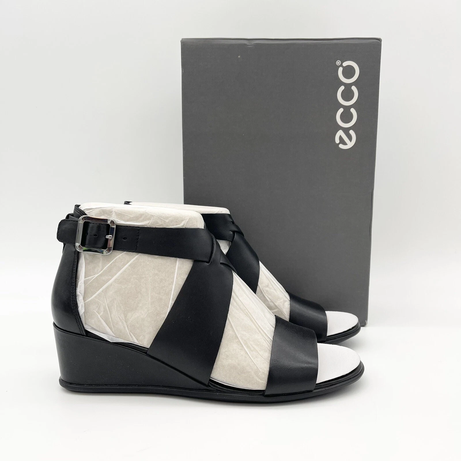 ECCO sandalo zeppa donna 9 9 5 EU 40 pelle nero cinturino incrociato fibbia forma 35