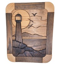 Vintage Wood Intarsia Lighthouse Wall Art Coastal Beach House Decor Handmade
