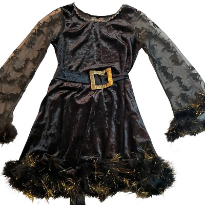 Adorable Witch Costume Girls Sz L Black Velvet Dress Sheer Long Sleeves  Feathers | eBay