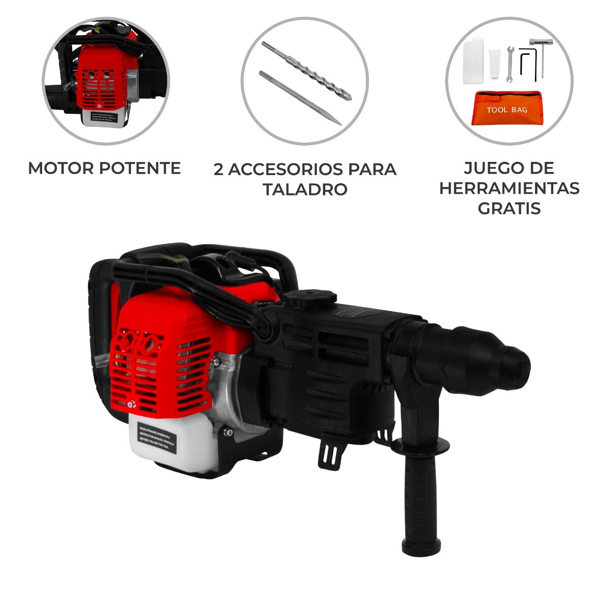 Martillo Perforador Inalámbrico Motor Gasolina 32.6CC 2 Tiempos 0.9kW 7500 RPM