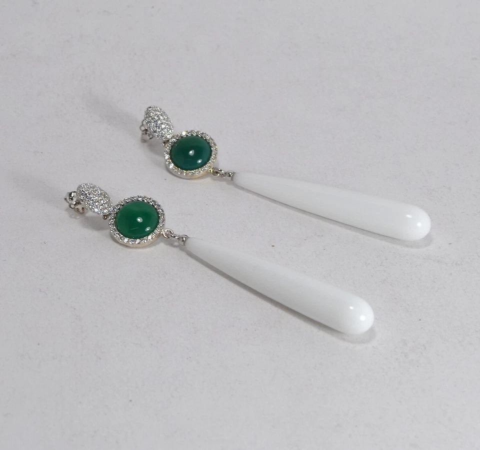 ORECCHINI IN ARGENTO 925 CON ZIRCONI AGATA VERDE PENDOLI AGATA BIANCA AGHT 0714 - Immagine 3 di 3