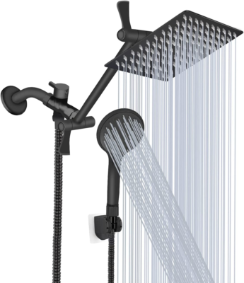 Matte Black 2-in-1 Rain Shower Head System With Handheld – Wall Mount, All Metal, Square Design