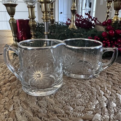 Vintage Etched Cut Depression Glass Cream and Sugar Set with Silver-plated Rim