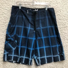Hurley Shorts 34 Mens Blue Plaid Swim Trunks Boardshorts Surfing Beach Stretch