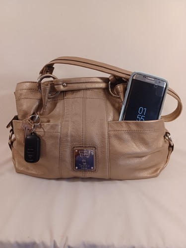 Rare TIGNANELLO Cell Pocket Champagne Gold Lustrous Leather Hobo Purse Footed 