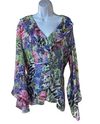 Boston Proper Ruffle Blouse NWT L Tropical Floral Sheer Boho Statement