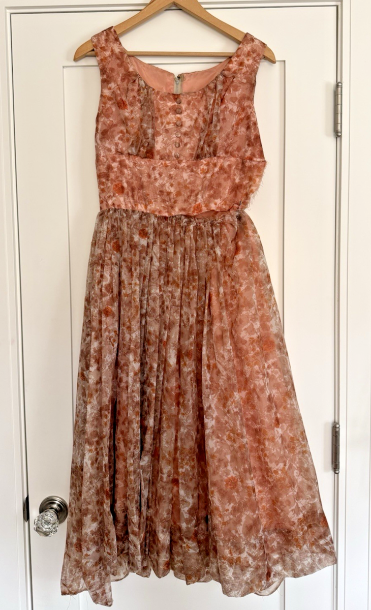 Vintage 1950's Dress *Project Needs Repair* Chiffon Overlay Brown Peach  Lined | eBay